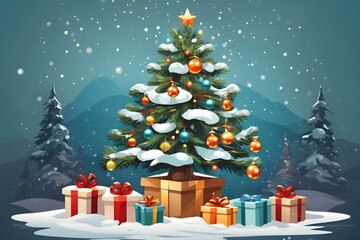 Christmas Gift Tree with Snow Background, Generative Ai