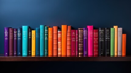  a row of books sitting on top of a wooden shelf.  generative ai