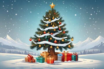 Christmas Gift Tree with Snow Background, Generative Ai