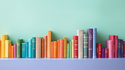  a row of books sitting on top of a blue shelf.  generative ai