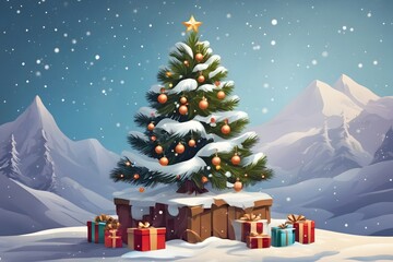 Christmas Gift Tree with Snow Background, Generative Ai