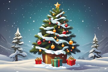 Christmas Gift Tree with Snow Background, Generative Ai
