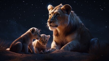 Lioness with her cubs in a dark night with stars background
