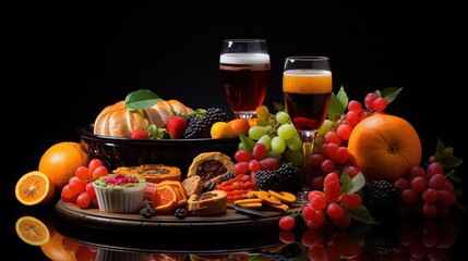  a table topped with a bowl of fruit next to a glass of beer.  generative ai