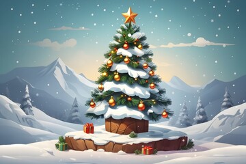 Christmas Gift Tree with Snow Background, Generative Ai