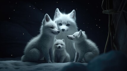Obraz premium a family of white foxes on a dark background