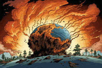 Planet Earth being destroyed by climate change. Perspective of the end of the world. Cartoon style.