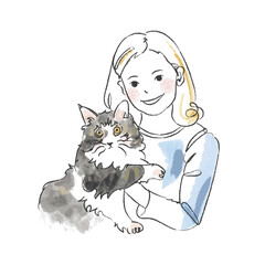girl with fluffy cat portrait, line drawing / doodle / watercolor