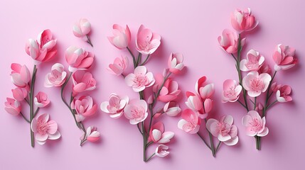  a group of pink flowers on a pink background with paper flowers.  generative ai