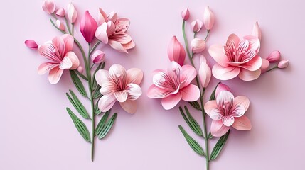  a group of pink flowers on a pink background with green stems. generative ai