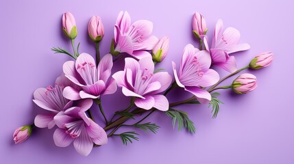  a bunch of pink flowers on a purple background with green leaves.  generative ai