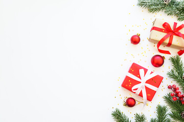 Christmas Present box and decorations at white background.