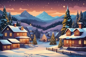 In a Small Village on a Winter Night Background, Generative Ai