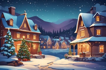 In a Small Village on a Winter Night Background, Generative Ai