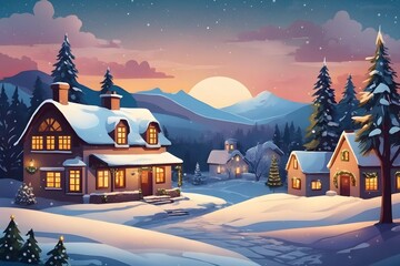 In a Small Village on a Winter Night Background, Generative Ai