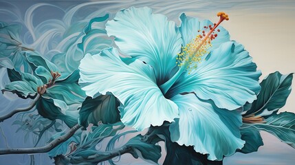  a painting of a blue flower with green leaves on it.  generative ai