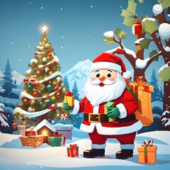 Merry Christmas With Cartoon Santa Claus Snowman Gifts Box Background, Generative Ai