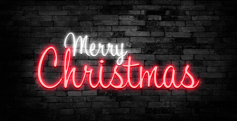 Merry Christmas neon handwritten lettering. Bright holiday calligraphy. Xmas neon text.