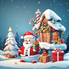 Merry Christmas With Cartoon Santa Claus Snowman Gifts Box Background, Generative Ai