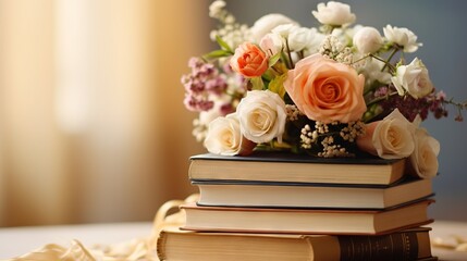  a stack of books with a bouquet of flowers on top of them.  generative ai