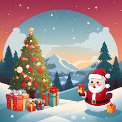 Merry Christmas With Cartoon Santa Claus Snowman Gifts Box Background, Generative Ai