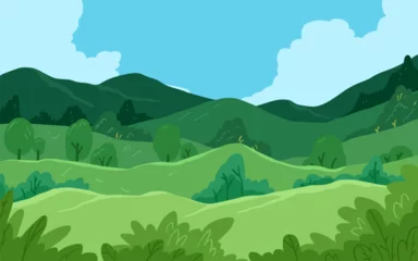 Gardinen green landscape with trees cartoon illustration vector © badrus