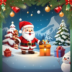 Merry Christmas With Cartoon Santa Claus Snowman Gifts Box Background, Generative Ai