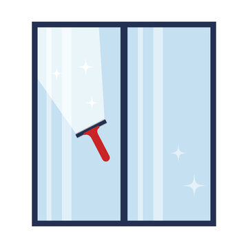 Window washing. The glass scraper glides across the glass to clean it. Window cleaning service concept. Vector illustration in flat style