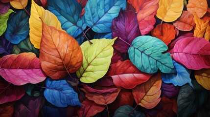  a painting of colorful leaves on a black background with a red, yellow, green, and blue leaf.  generative ai - obrazy, fototapety, plakaty