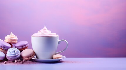  a cup of coffee next to a pile of macaroons.  generative ai