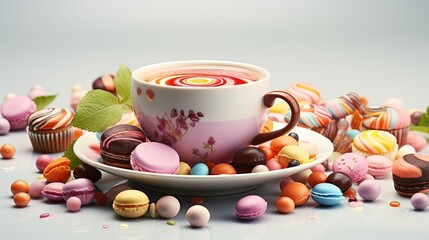 Fototapeta na wymiar a cup of coffee surrounded by candy and candies on a plate. generative ai