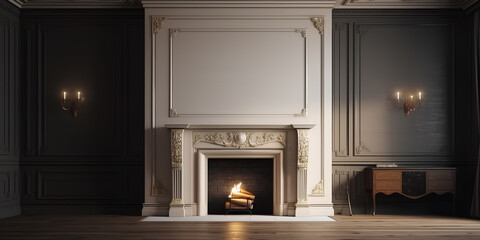 Front view of white fireplace in classic interior of living room in luxury house