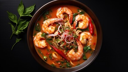  a bowl of soup with shrimp, noodles, and vegetables.  generative ai