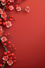 Chinese new year decorations with sakura flowers on red background. AI Generated
