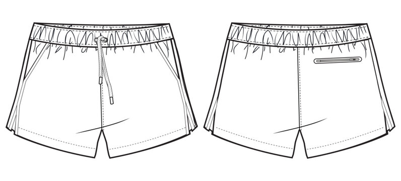 Men's Swim shorts front and back view flat sketch fashion illustration, running Jogger short drawing vector template