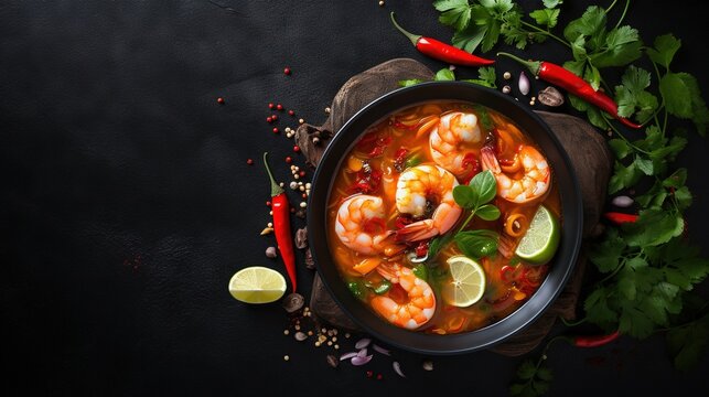  a bowl of soup with shrimp, lime, and chili.  generative ai