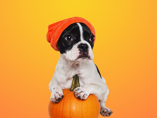 Cute puppy, bright pumpkin and yellow knitted hat. Isolated background. Closeup, indoors. Studio...