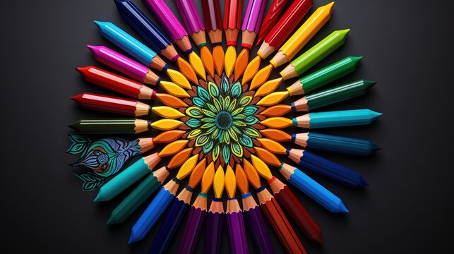  a circular arrangement of colored pencils arranged in the shape of a flower.  generative ai