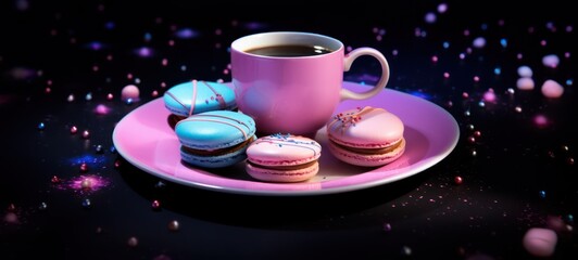 Obraz na płótnie Canvas blue and pink cup of coffee cookies. 