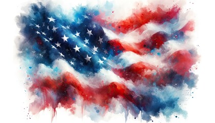 A captivating watercolor rendition of the American flag, with deep blues and fiery reds blending seamlessly. White stars float atop a celestial blue background.
