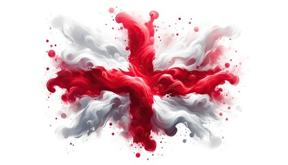 A vivid explosion of red and white fluid forms, creating a dynamic english flag. The vibrant red bursts forth, surrounded by soft white swirls, with droplets scattered throughout.