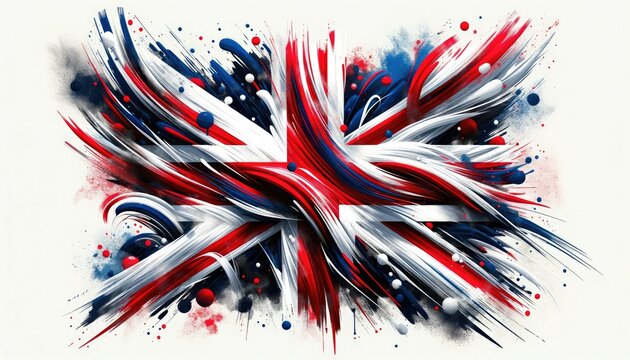 A dynamic explosion of the Union Jack, the British flag, bursting with vibrant red, white, and blue streaks. Paint splatters, drips, and swirling motions create an energetic and modern rendition.