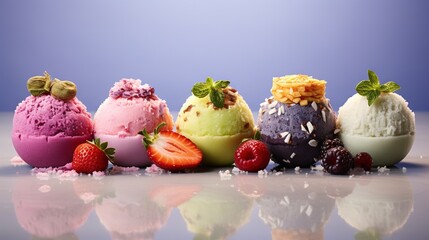  a row of ice creams with strawberries and raspberries.  generative ai
