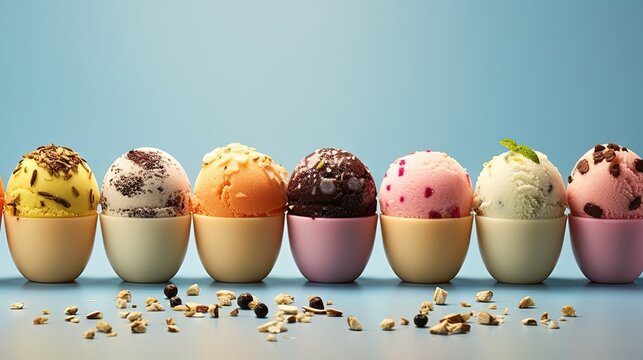  a row of different colored ice creams in an egg shell.  generative ai