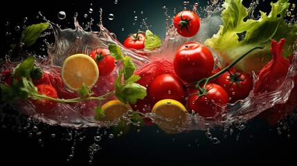  tomatoes, oranges, and lettuce are splashing in water.  generative ai