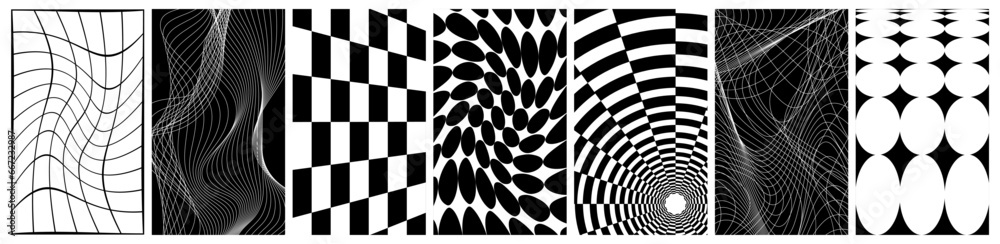 Poster Abstract rave psychedelic isolated background in trendy y2k style. Black and white retro futuristic wireframe and perspective grids. Vector flat illustration on transparent background.	
