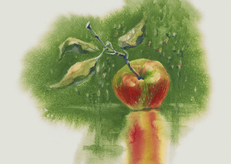 An apple in the green rainy watercolor background