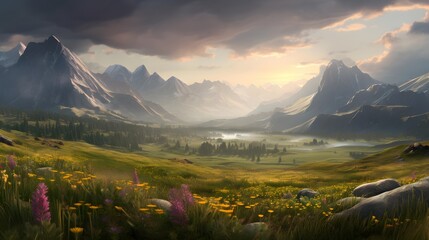 Panoramic view of mountains and flowers in the meadow at sunset
