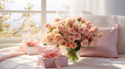  a bouquet of pink roses in a vase and a gift box on a bed.  generative ai