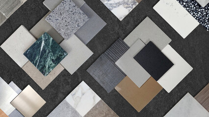 samples of interior material contains ceramic tiles, artificial stones, marbles, stainless, quartz, terrazzo placed on black stone marble table. interior design selected material for idea.